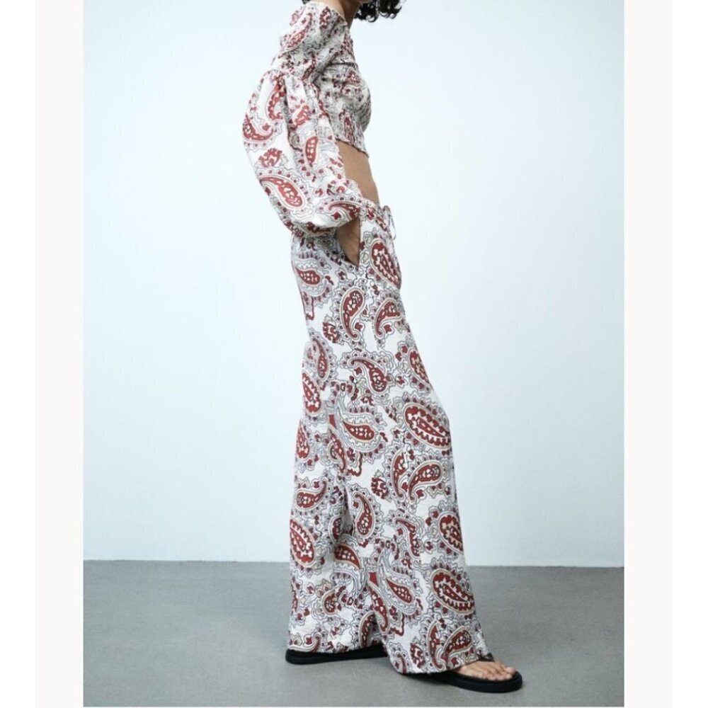 H&M Paisley BOHO Set Balloon Sleeves Top and Straight Wide Leg Pants Size L/XL